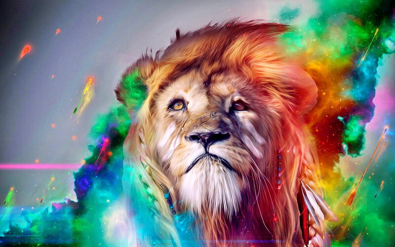 Lion with Colorful Mane — Green, Dramatic