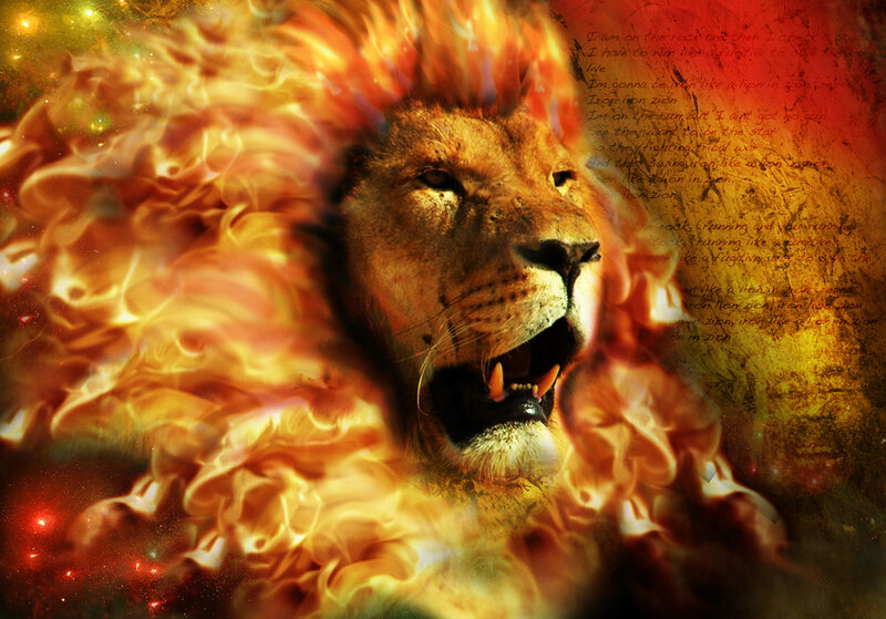 Lion with Fiery Mane — Orange, Dramatic, Digital Art