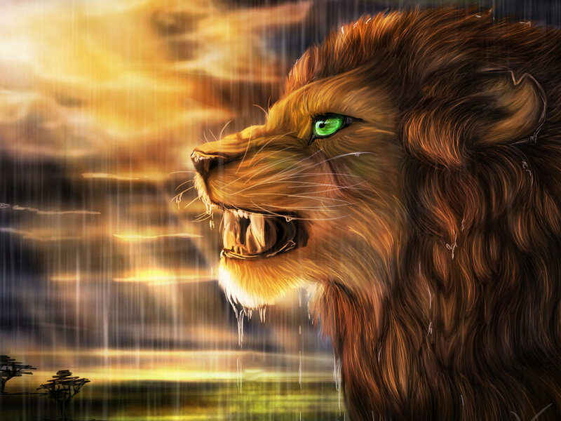 Lion with Green Eyes — Brown, Dramatic, Sunset, Digital Art, Rain