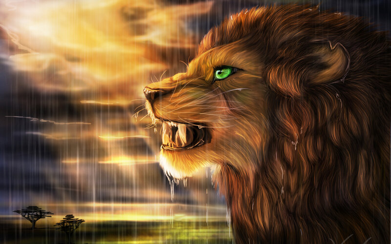 Lion with Green Eyes — Brown, Dramatic, Sunset, Digital Art