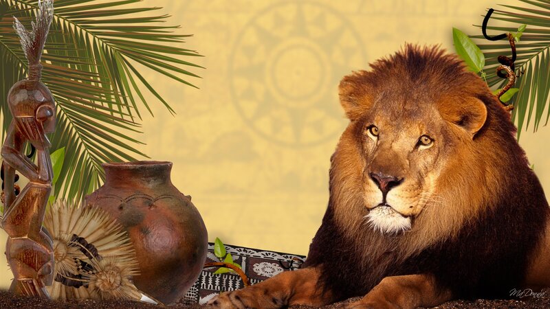 Lion with Tribal Artifacts