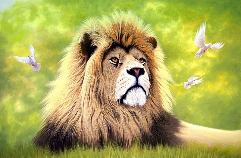 Lion with White Doves