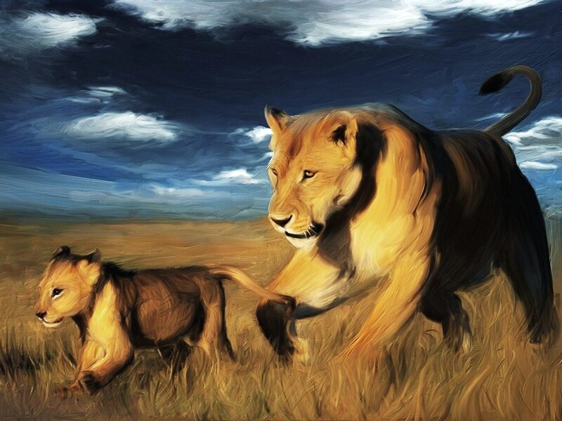 Lioness and cub in savanna
