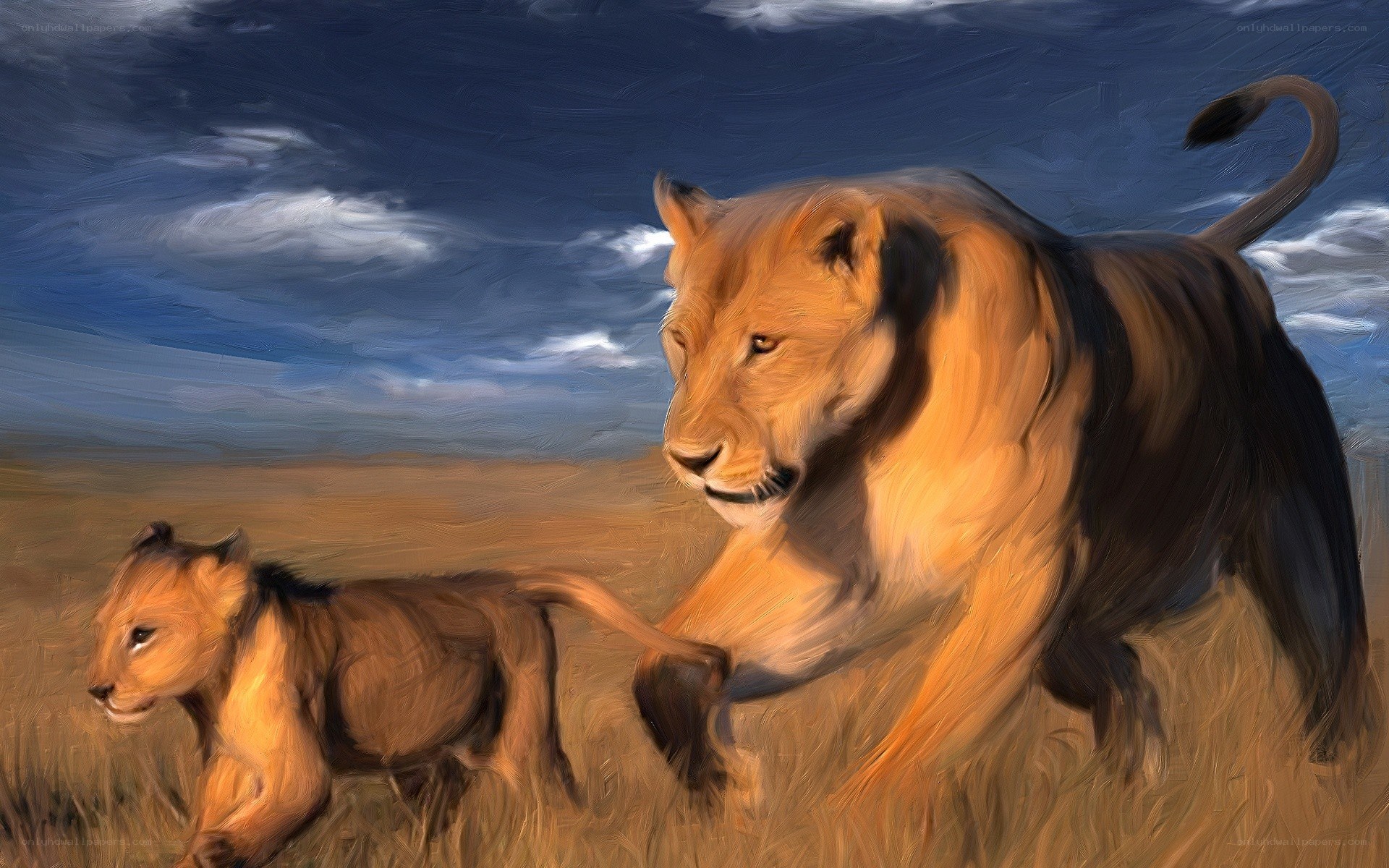 Lioness and cub running