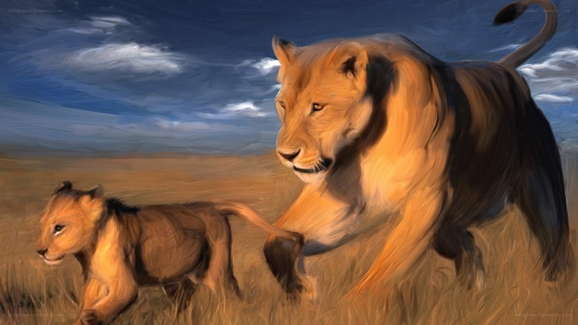 Lioness and cub running