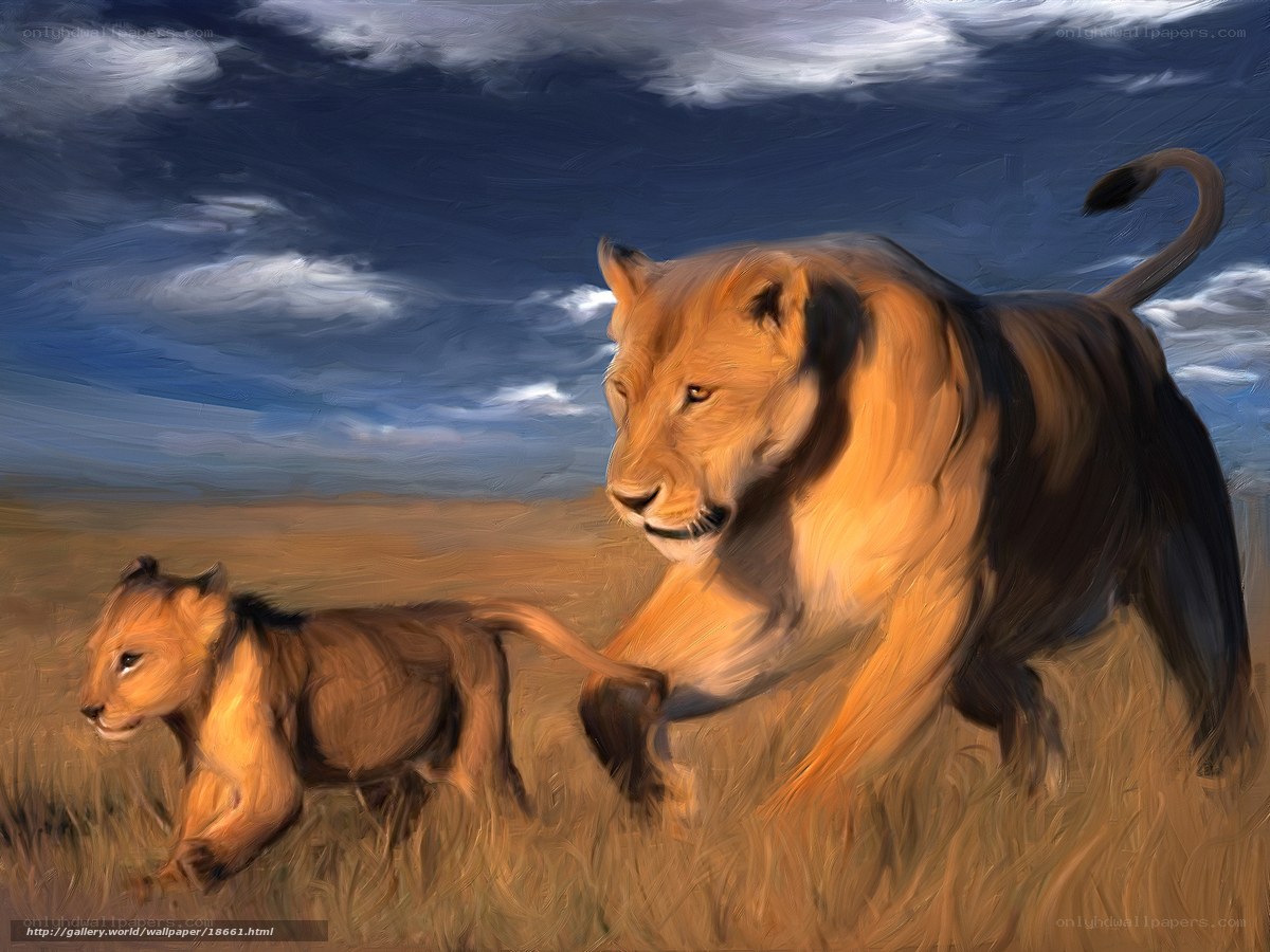 Lioness and cub running