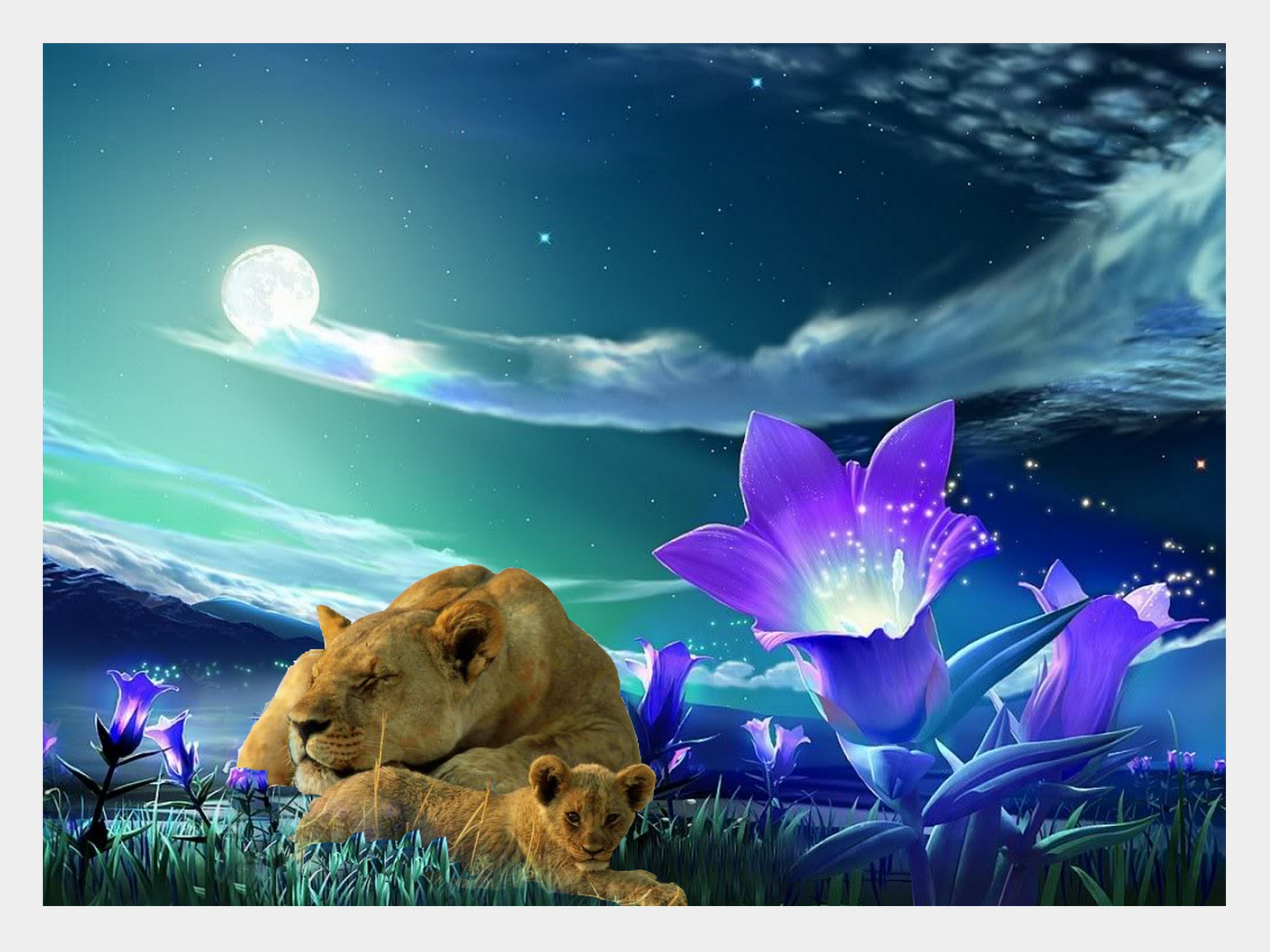 Lioness and cub under moonlight