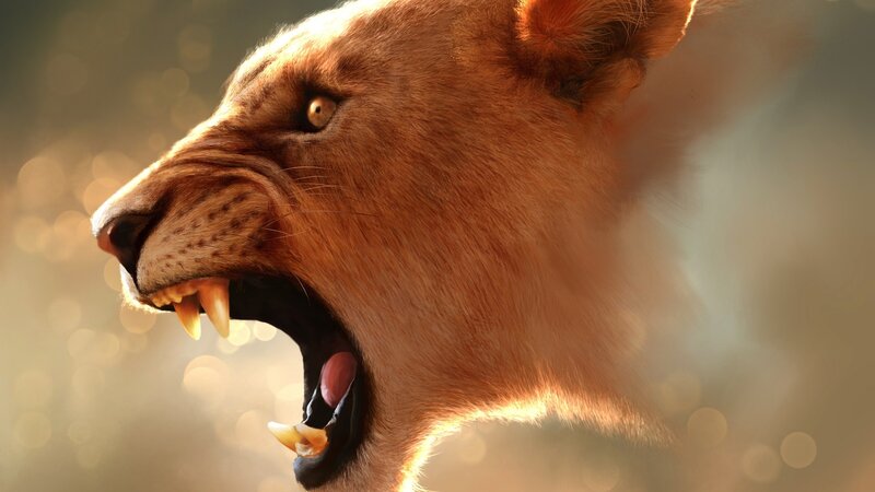 Lioness Roaring — Brown, Dramatic, Sunset, Digital Art