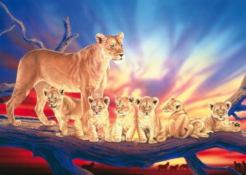 Lioness with Cubs — Blue, Dramatic