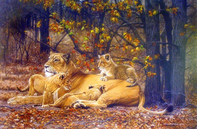Lioness with Cubs — Brown, Serene, Autumn