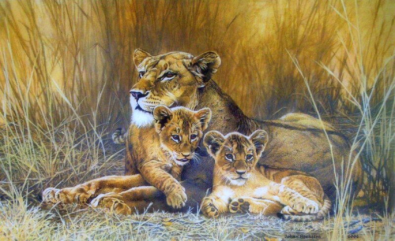 Lioness with Cubs — Brown, Serene, Painting