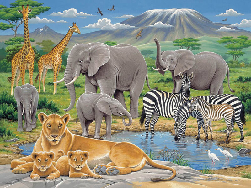 Lioness with Cubs — Green, Peaceful