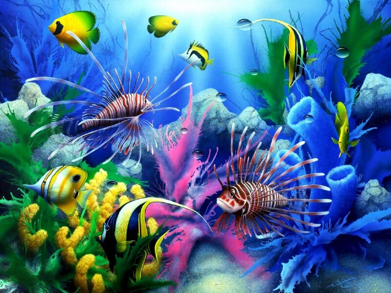 Lionfish in Coral Reef — Blue, Vibrant, Digital Art, Fish, Seaweed, Bubbles