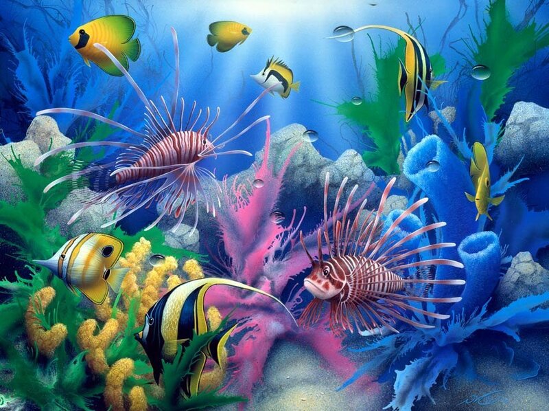 Lionfish in Coral Reef — Blue, Vibrant, Digital Art, Fish, Seaweed, Bubbles, Yellow