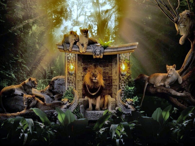 Lions in a jungle temple