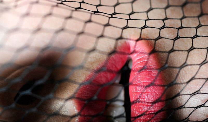lips behind fishnet veil