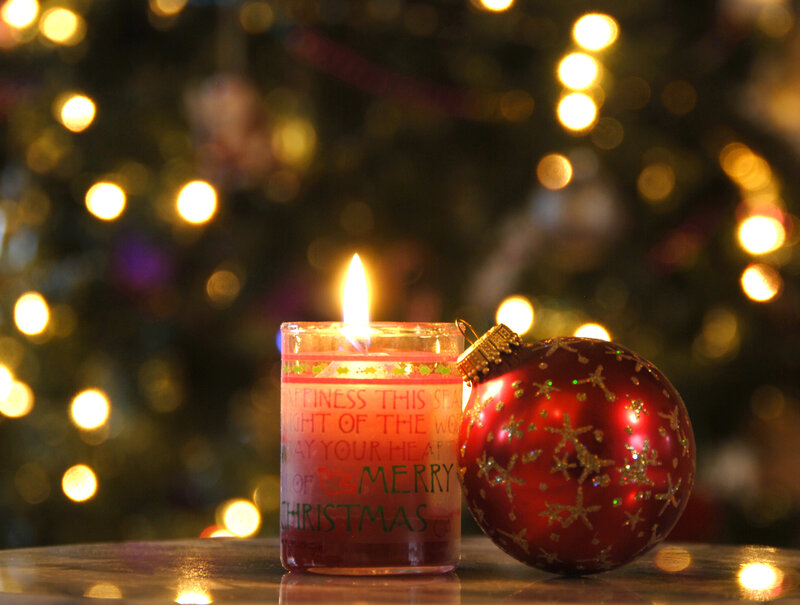 Lit Candle and Ornament — Red