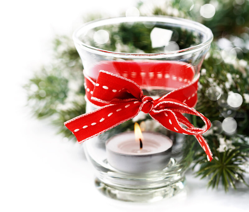 Lit Candle in Glass — White, Festive