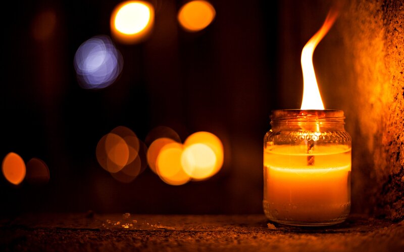 Lit Candle in Jar — Orange, Warm, Night