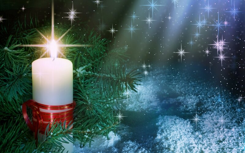 Lit Candle in Snow — Green, Festive, Night