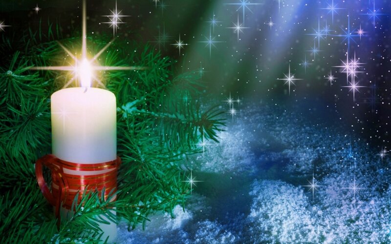 Lit Candle in Snow — Green, Festive