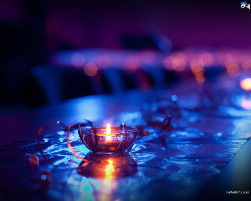 Lit Candle on Table — Blue, Calm, Night, Photograph, Foil