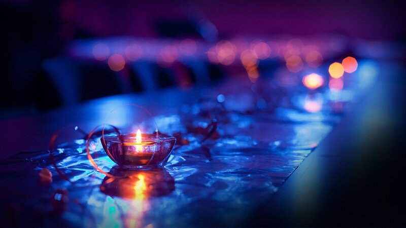 Lit Candle on Table — Blue, Calm, Night, Photograph, Lights