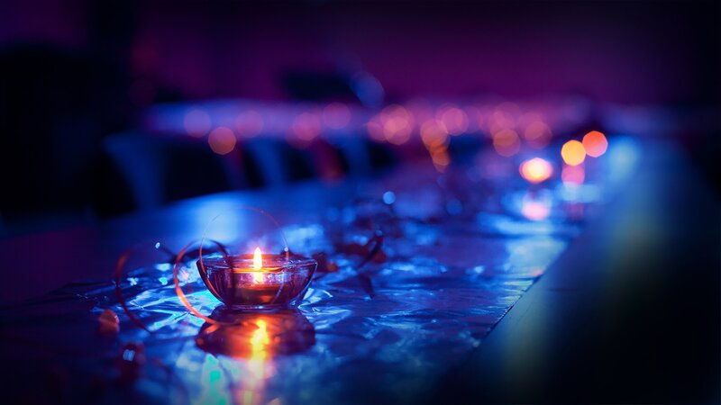 Lit Candle on Table — Blue, Calm, Night