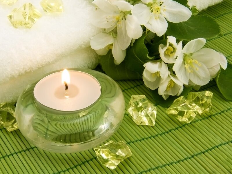 Lit Candle with Flowers — Green, Serene