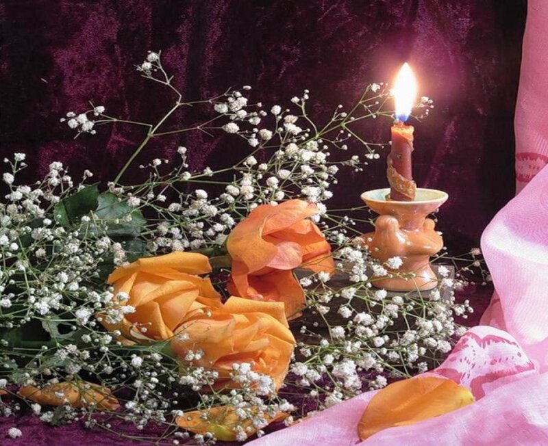 Lit Candle with Flowers — Purple
