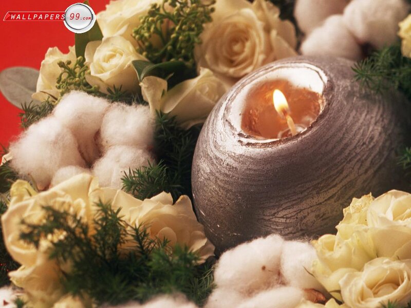 Lit Candle with Flowers — White