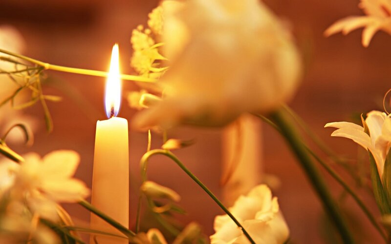 Lit Candle with Flowers — Yellow, Calm