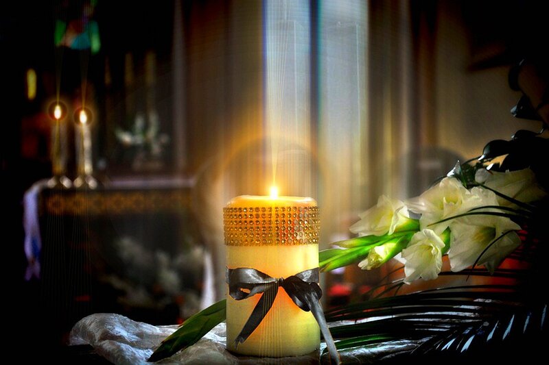Lit Candle with Flowers — Yellow, Somber