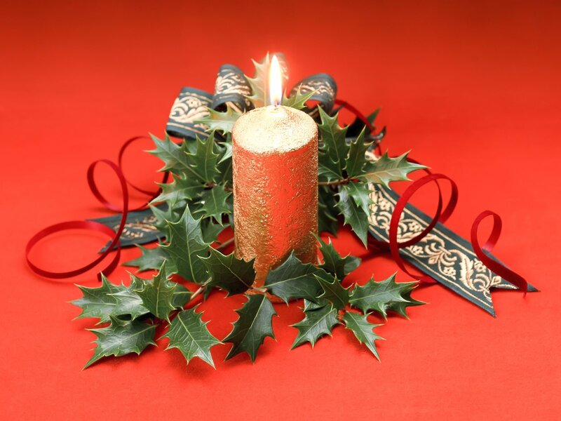 Lit Candle with Holly — Red