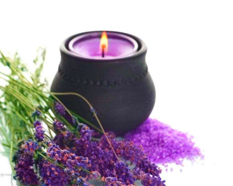 Lit Candle with Lavender — Purple, Calm, Photograph
