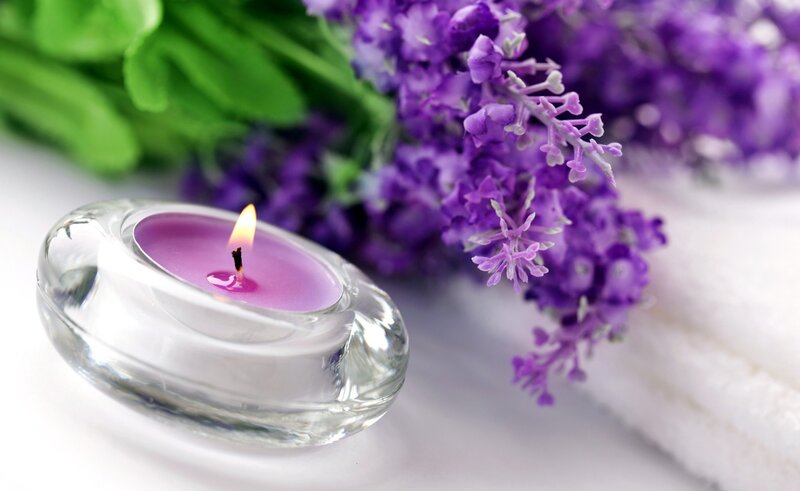 Lit Candle with Lavender — Purple, Serene