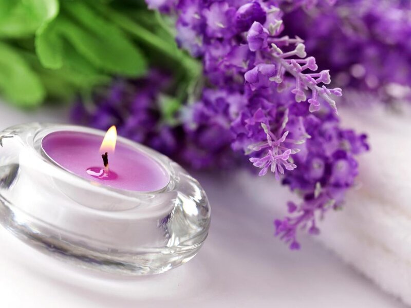 Lit Candle with Lavender — Purple
