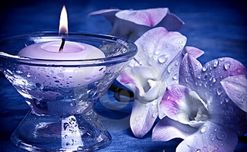 Lit Candle with Orchids — Blue