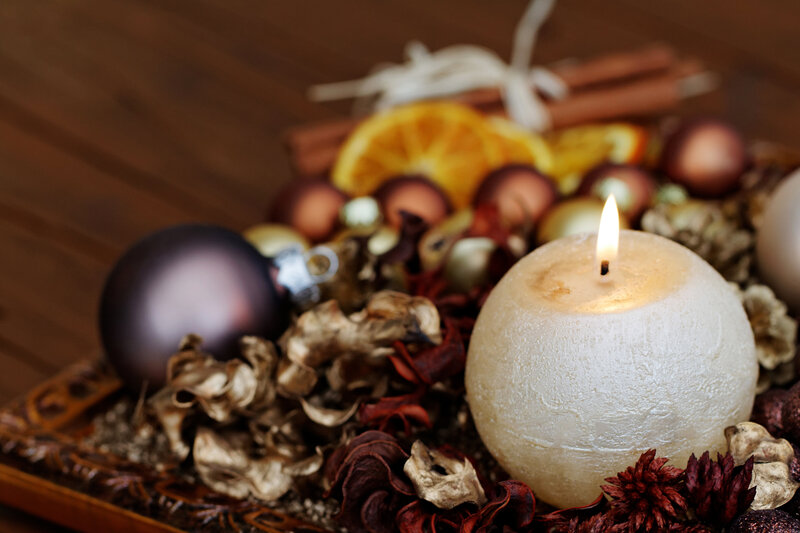 Lit Candle with Ornaments — Brown