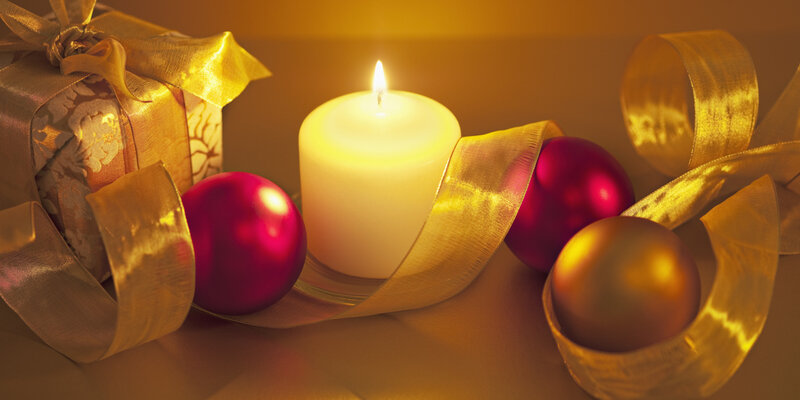 Lit Candle with Ornaments — Gold, Warm, Night