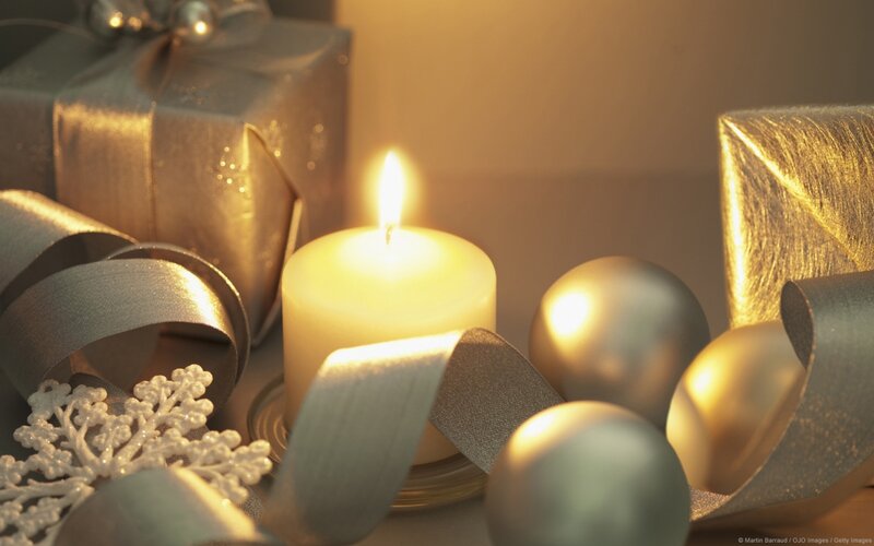 Lit Candle with Ornaments — Gold, Warm
