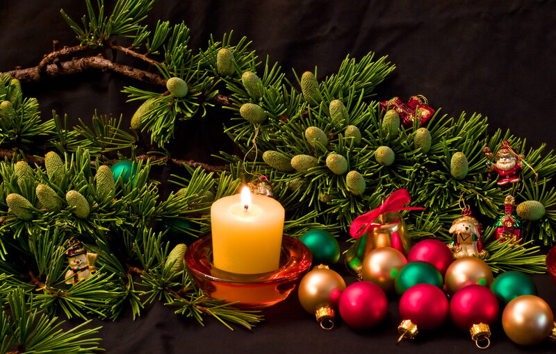 Lit Candle with Ornaments — Green
