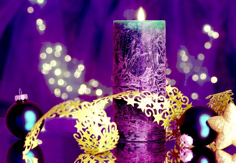 Lit Candle with Ornaments — Purple, Festive, Night