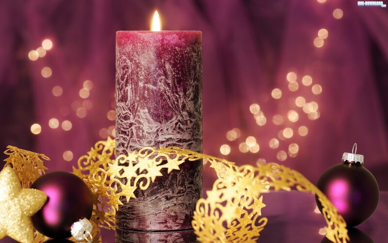 Lit Candle with Ornaments — Purple, Festive