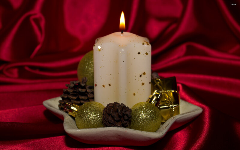 Lit Candle with Ornaments — Red, Festive, Night