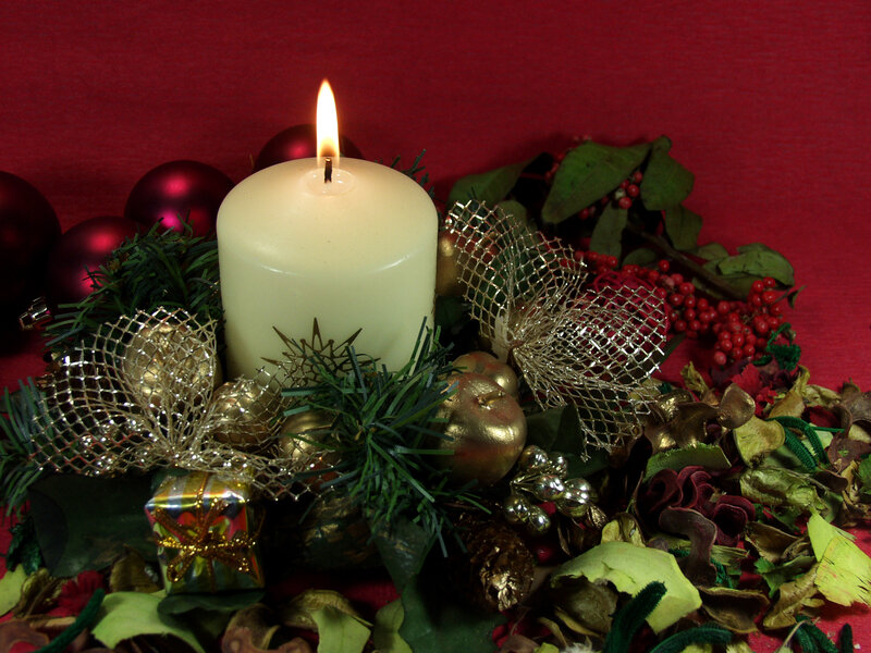 Lit Candle with Ornaments — Red, Festive