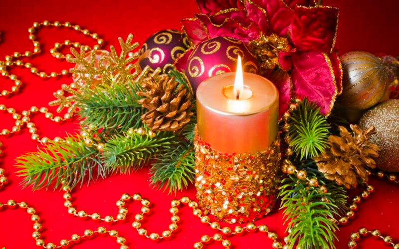 Lit Candle with Ornaments — Red, Festive, Winter, Photograph, Pine Branches, Pinecones