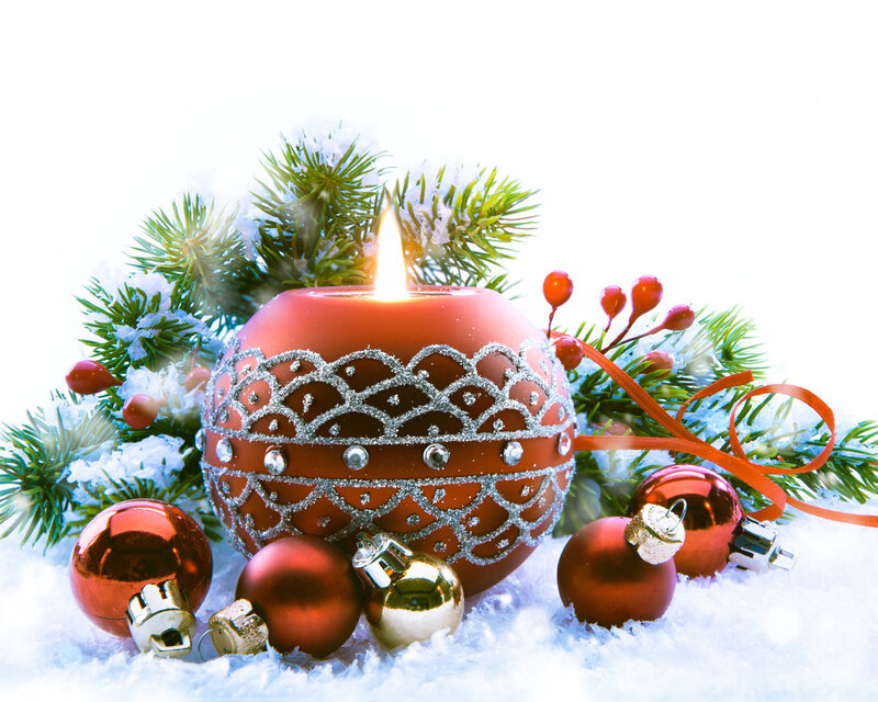 Lit Candle with Ornaments — Red, Festive, Winter, Photograph, Pine Branches