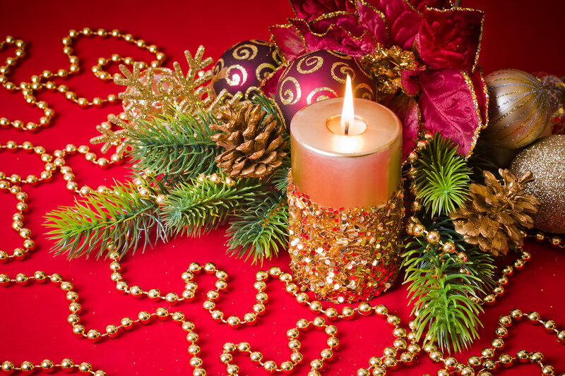 Lit Candle with Ornaments — Red, Festive, Winter, Photograph