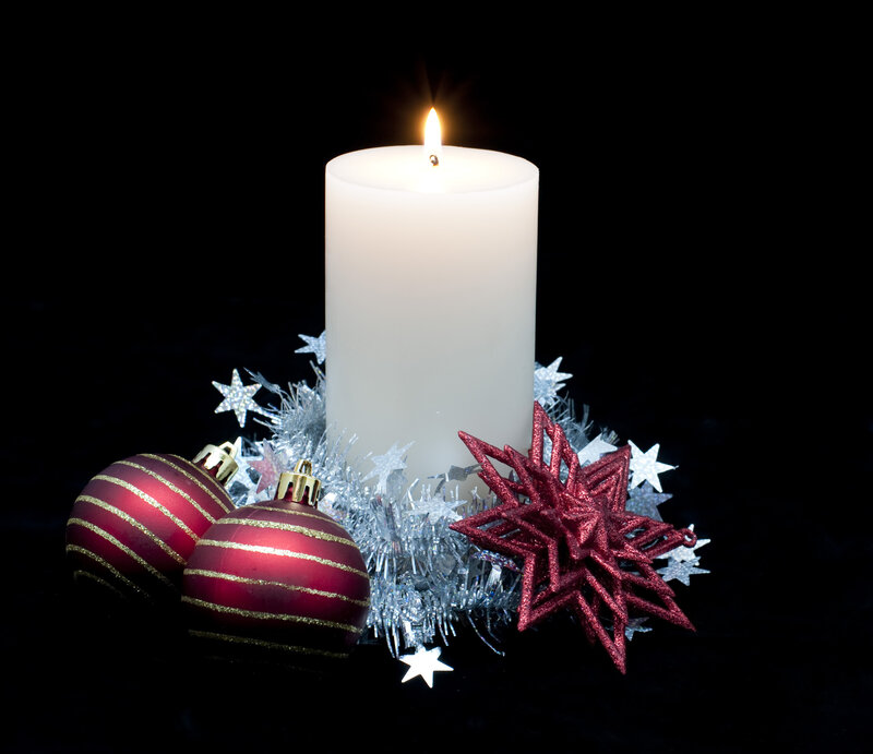 Lit Candle with Ornaments — White, Festive, Night